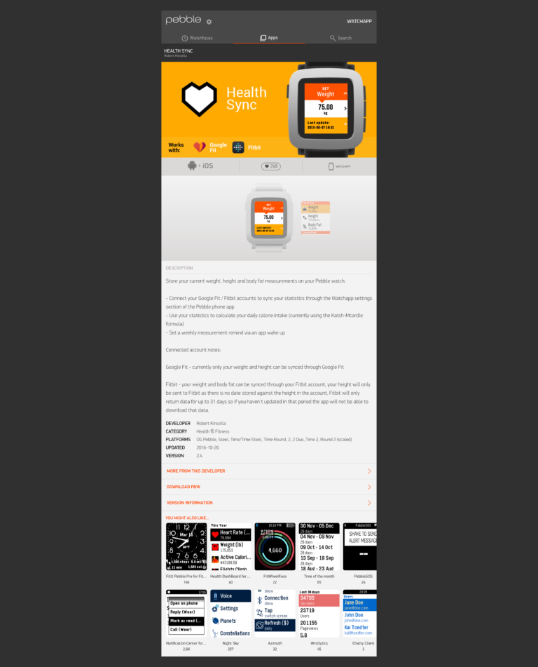 Health Sync Pebble App Store listing showing app details and compatibility