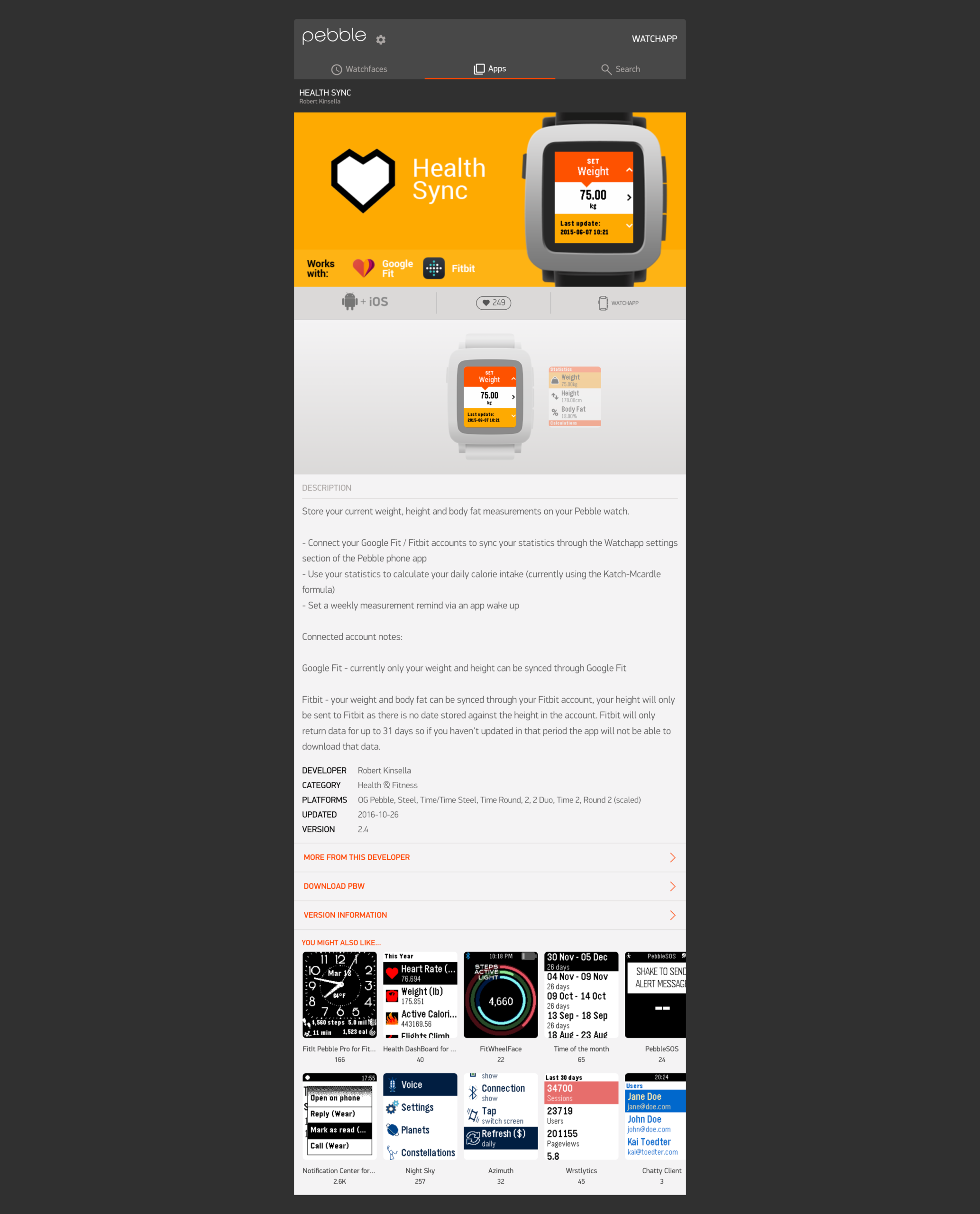 Health Sync Pebble App Store listing showing app details and compatibility