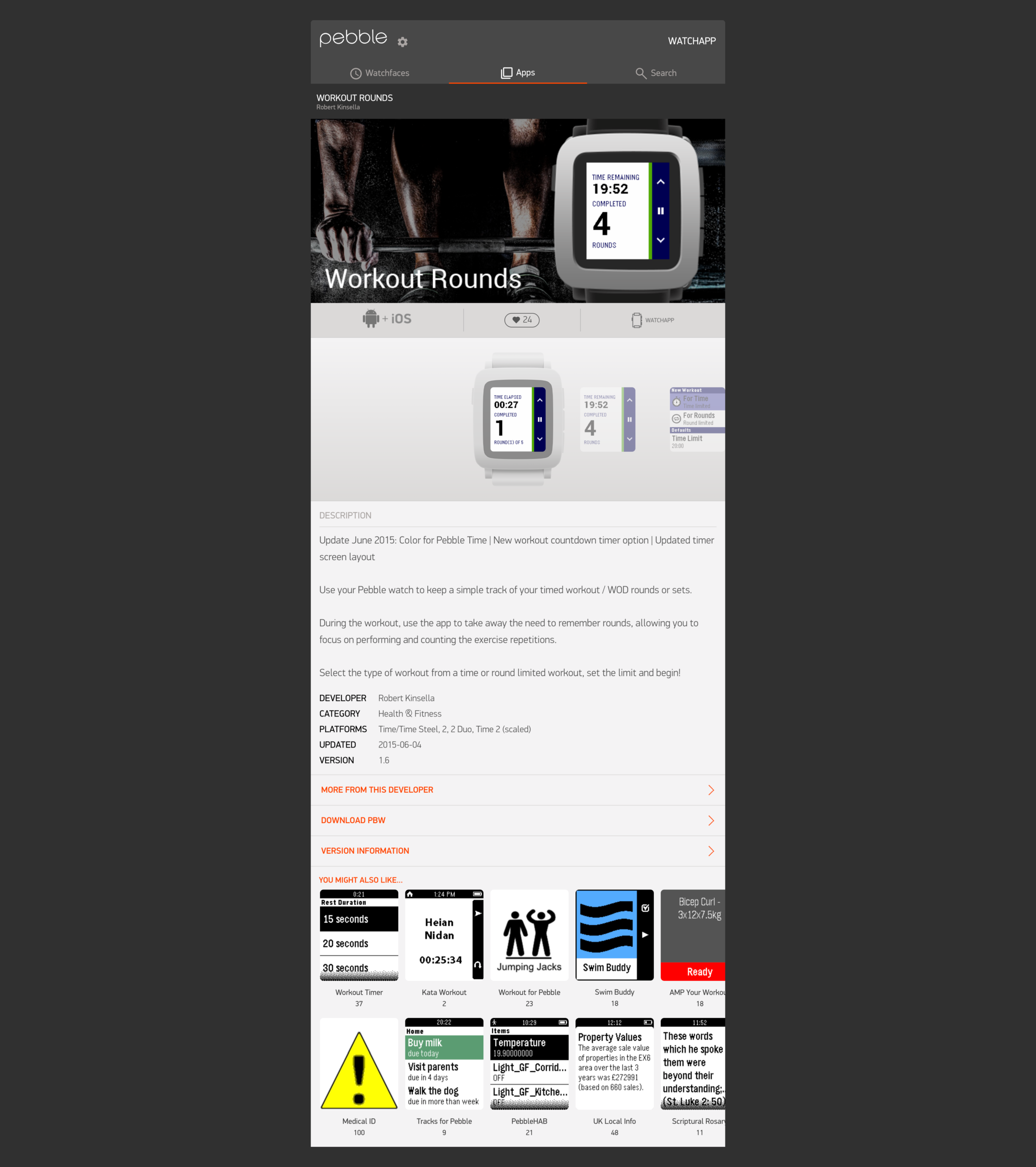 Workout Rounds Pebble App Store listing showing app details and compatibility