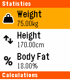 Health Sync main menu displaying weight, height and body fat statistics