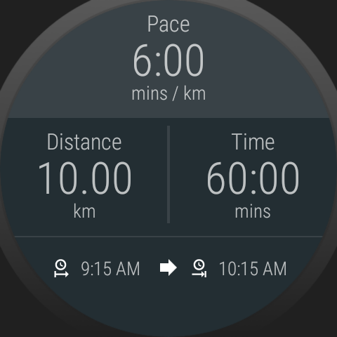Pace Calculator Android Wear interface showing pace, distance, time, start time and finish time calculations