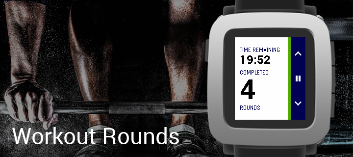Workout Rounds app banner showing timer interface on Pebble watch