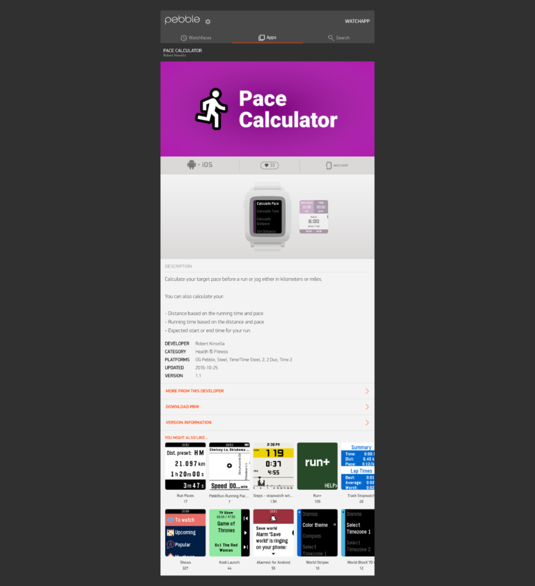 Pace Calculator Pebble App Store listing showing app details and compatibility