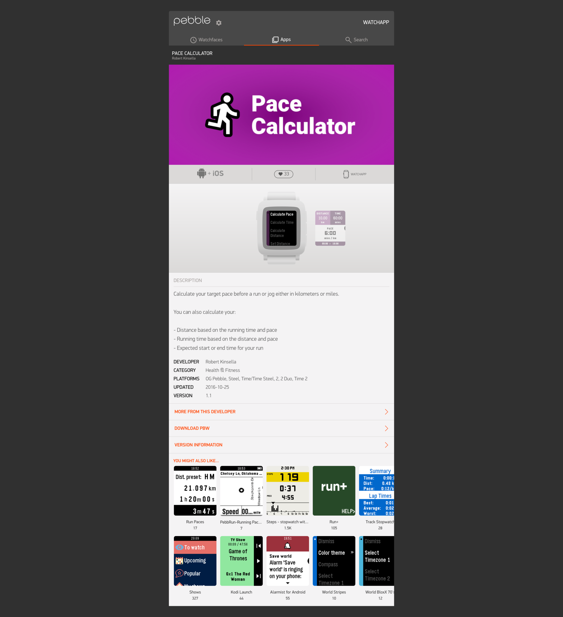 Pace Calculator Pebble App Store listing showing app details and compatibility