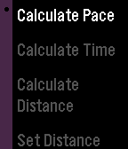 Pace Calculator menu showing options to calculate pace, time, or distance