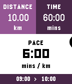 Pace Calculator interface on Pebble watch showing pace, distance, time and finish time calculations